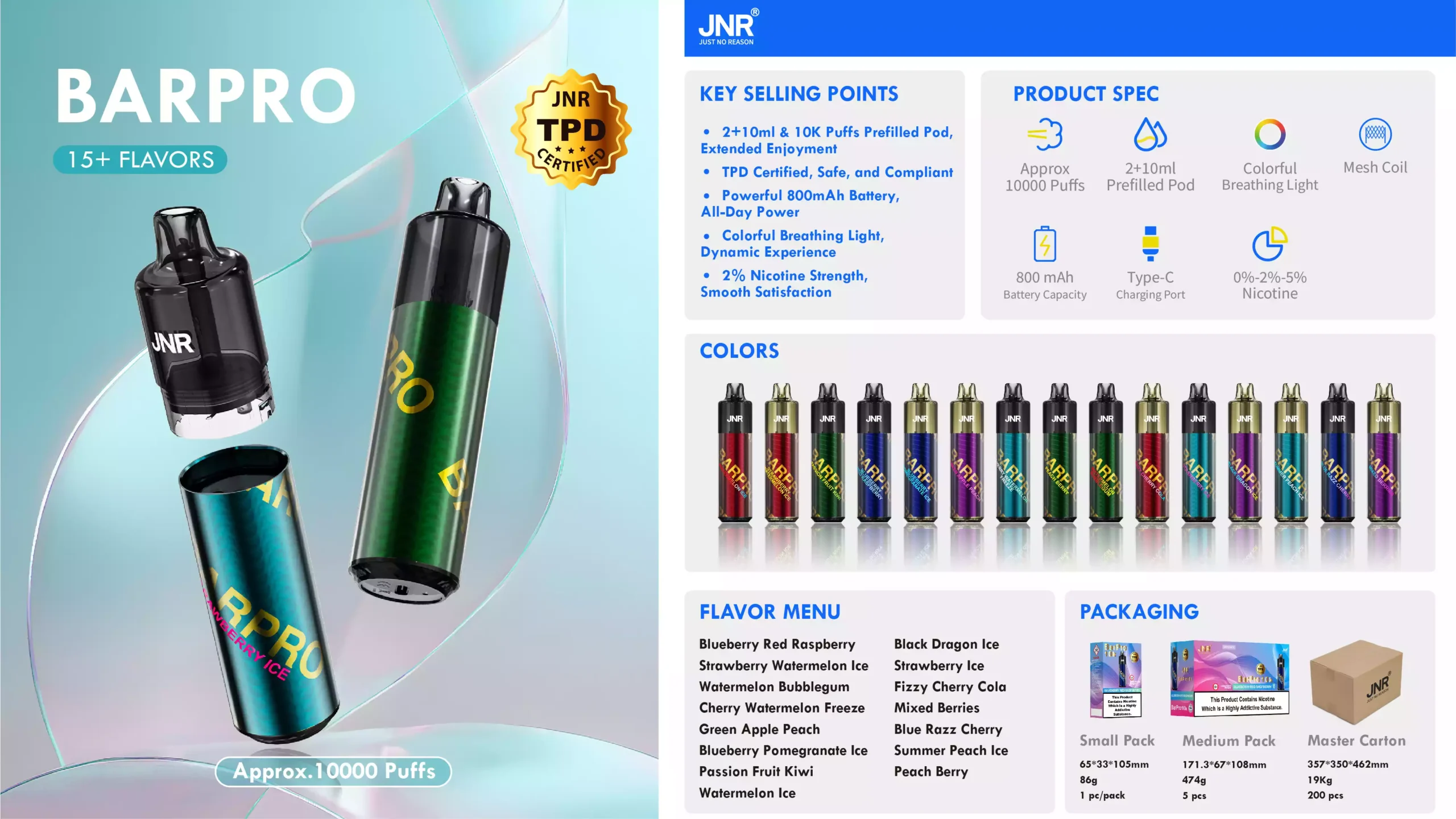 JNR Bar Pro 10000 Puffs Especificaciones1