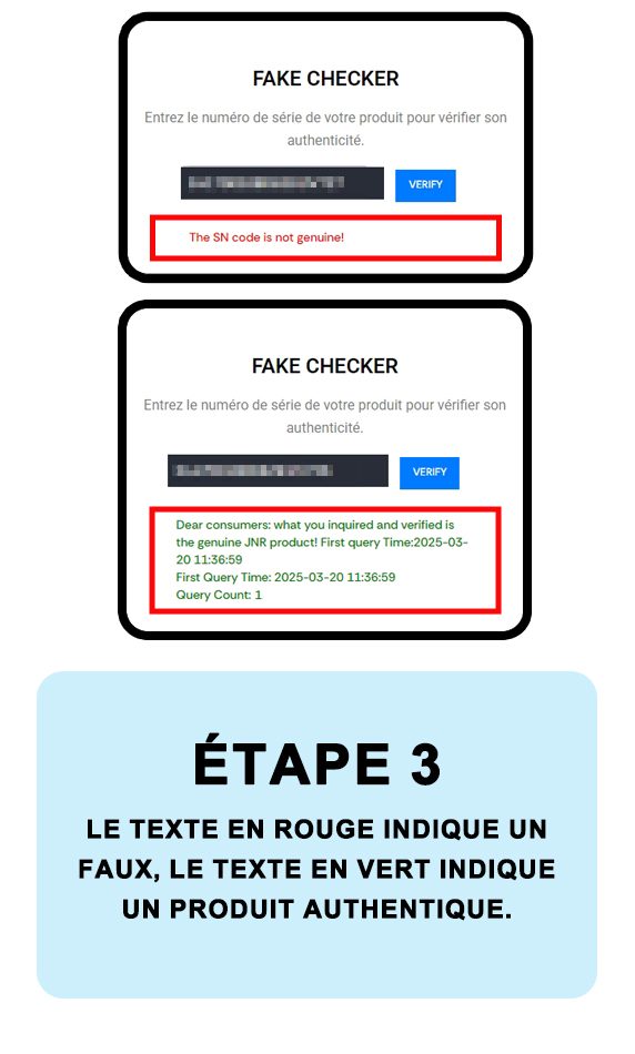 Fake Vérification Etape 3 JNRPUFF le texte en rouge indique un faux, le texte en vert indique un produit authentique.
